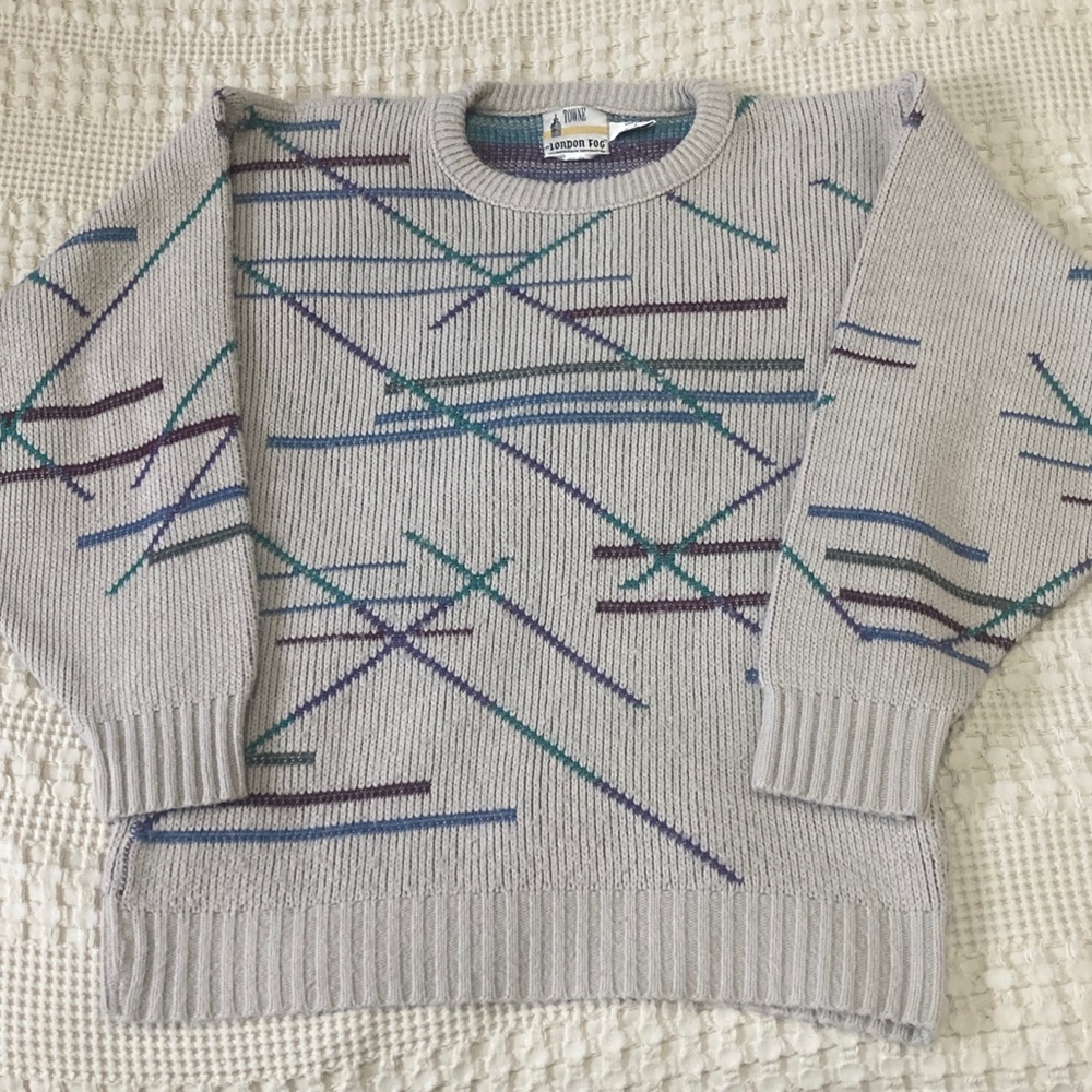 Vintage 90s London Fog Abstract Blue Purple Lines Striped Sweater Men’s Large